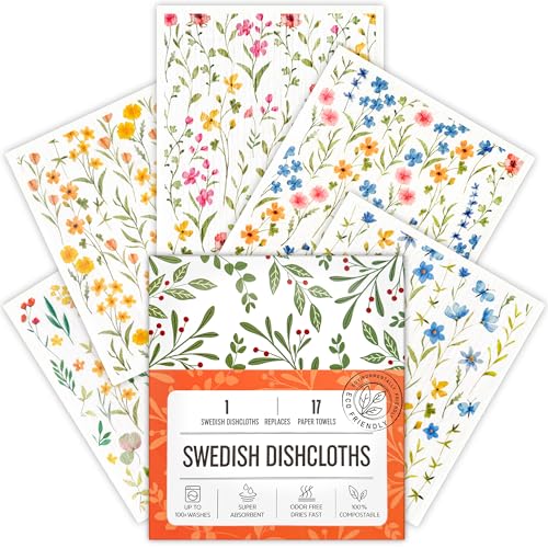 Augine Swedish Dishcloths for Kitchen, 5 Pack Flowers Reusable Paper Towels Washable, Super Absorbent Swedish Dish Cloths, Biodegradable, Non-Scratch, No Odor