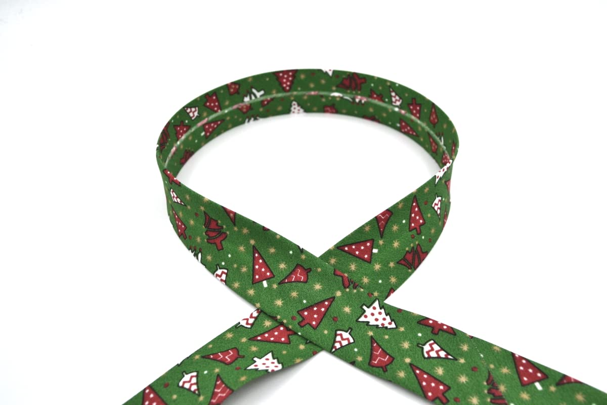 Bias Folded Fabric- Polyester -Trim, Edging, Quilting, Bunting, Arts & Crafts (4m - 400cm, 264 Green Christmas Trees)