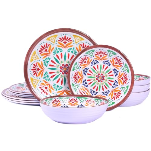 Image of 12-Piece Melamine Dinnerware Set,Service for 4, Durable Plate and Bowl, Floral Pattern Tableware for Parties & Home, Dinner Salad Dessert Plates, and Cereal Bowls Set,Housewarming Wedding Gift - Brown