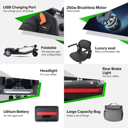 Scooter de movilidad plegable para personas mayores, 6 km/h, autonomía 15 km, batería de litio, chasis de aluminio, negro
