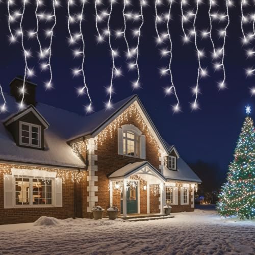 Christmas Workshop 77720 240 Icicle LED Outdoor Christmas Lights | 5.6 Metres | Warm White Colour | Indoor & Outdoor Fairy Lights | Weddings & Gardens | 8 Functions | Mains Powered