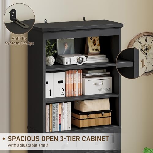 Image of Vabches 70 inch Tall Bathroom Storage Cabinet, Farmhouse Bathroom Cabinet with 3 Drawers, Adjustable Shelves & Doors, 3 Tier Wood Cabinets for Bathroom, Living Room, Rustic Black