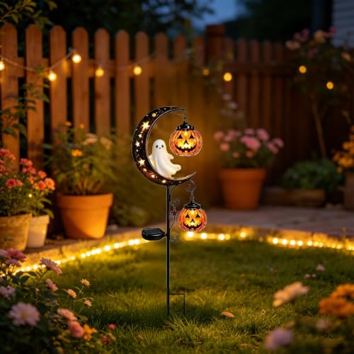 Solar Halloween Black Cat & Pumpkin Moon Garden Stake Light, Metal Crescent Moon & Pumpkin Lantern, Outdoor Waterproof LED Yard Decoration with Crescent Moon, for Patio Lawn Path Yard (E #) - image 7