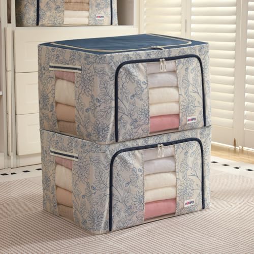 Image of HOKIPO 88L(XL) 600D Oxford Fabric Cloth Organizer for Storage, Blue Blossom Pack of 2 (AR-6487-BLU*2)
