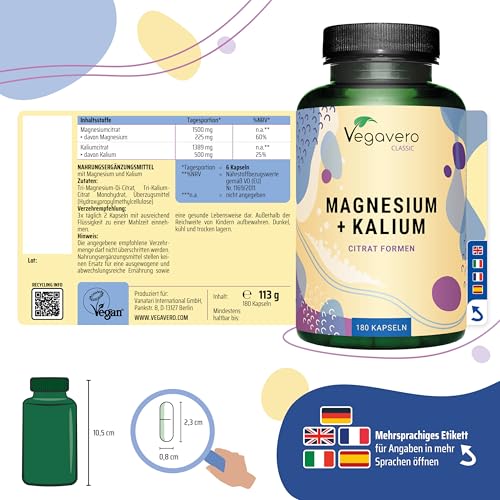 Magnesium + Kalium | Premium: Reine Citrat Formen - Ohne Zusatzstoffe | Hohe Bioverfügbarkeit | Elektrolyte | Muskeln - Blutdruck - Energie * | Laborgeprüft | Vegan | Deutsche Produktion von Vegavero® – Bild 3