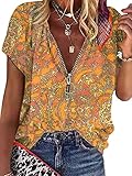 Tomwell Damen Blusen Tuniken Elegant V-Ausschnitt Blumen Sommer Oberteile mit Reißverschluss Frauen Locker Vintage Lustig Kurzarm T-Shirt Lose Shirt Hemd Tops