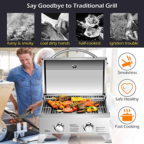Dortala Freestanding Barbecue Grills, Steel Propane Gas Grill W/Temperature Control Stove And Two Burners, Portable Bbq Grill W/ 20,000 Buts, For Outdoor Cooking Camping, 22'' X 18'' X 15'' #TOP3