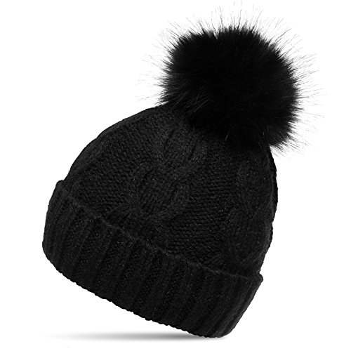 Caspar MU175 Bonnet en Tricot doublé pour Femme - Bonnet avec Torsades et Gros Pompon en Fausse Fourrure, Couleur:Noir, Taille:Taille Unique Cover