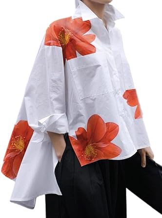 UOOZEE Womens Floral Print Collar Long Sleeve Boyfriend Shirt Loose Oversized Business Casual High Low Tops Blouse
