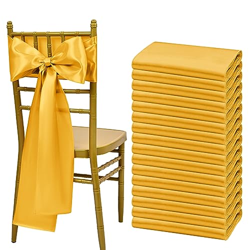 Showgeous 60 PCS Gold Satin Chair Sashes Bows Decoration Chair Cover for Wedding Reception, Chair Ribbons Bows for Banquet Party Baby Shower Event Decorations (Gold, 7 x 108 inch)