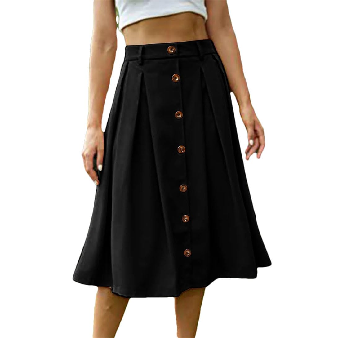 Womens Button Skirt Summer Elastic High Waist Casual Button A-Line Work Skirt
