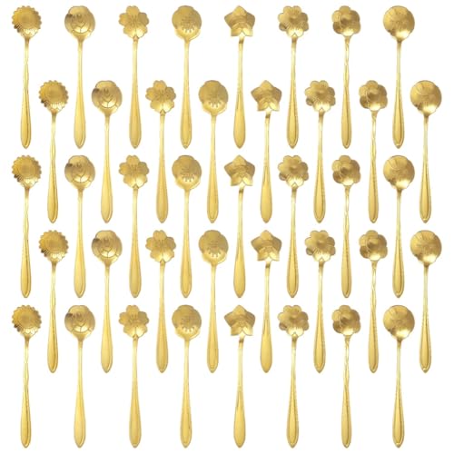 YOFAPA 40 PCS Flower Dessert Spoons, Stainless Steel Sugar Stirring Coffee Spoon, Small Tea Spoons Cafe Bar Spoon, Golden Cute Coffee Teaspoon Mini Tableware in 8 Styles