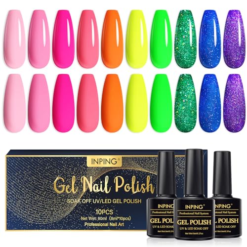 INPING Esmalte Semipermanente Neón,6 Colores Esmaltes Semipermanentes para Uñas Rosa Amarillo Verde Azul Pintauñas Gel UV Set,Pintauñas Semipermanentes UV/LED Gel Uñas Diy Manicura Nail Art Set, 8ml