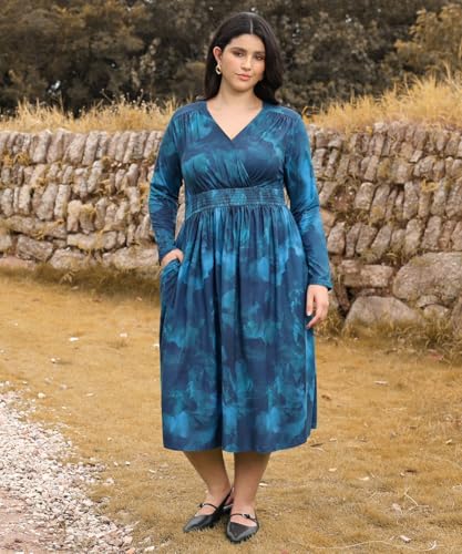 CARCOS Plus Size Dresses for Curvy Women V Neck Fall Maxi Dress Long Sleeve Floral Boho Dress Smocked Waist Party Dress3