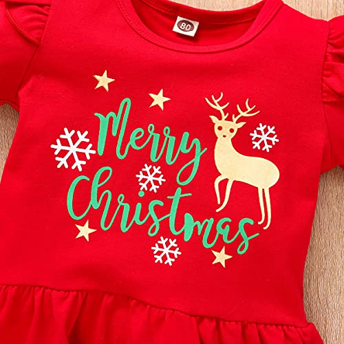 Pasgeboren baby meisje Mijn eerste kerst outfit lange mouwen shirt top + lange broek + hoofdband 3-delig kledingset herfst winter warme kleding 1e kerstfeest geschenken, rood-hert., 3-6 Maanden - Afbeelding 4