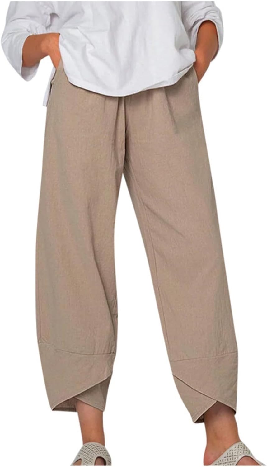 WODOLL Linen Capri Pants for Womens Casual Cotton Cropped Elastic Waist Lounge Baggy Palazzo Trousers with Pockets