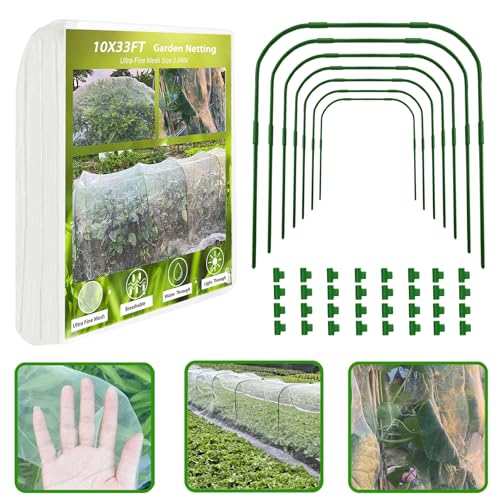 Garden Netting Kit 8 Pack Garden Hoops and 3x10M Ultra Fine Garden Mesh for Raised Beds Plant Net for Vegetable Fruits Crops Row Cover Barrier Protection Net for Animals