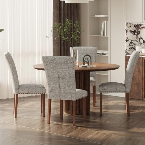 Image of Farmhouse Dining Chairs Set of 4, High Back with Wooden Legs and Nailhead Trim, Modern Fabric Dining Room Chair for Kitchen /Restaurant