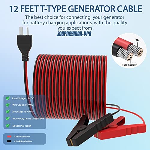 Journeyman-Pro DC Battery Charging Cables T-Type Compatible Honda Generator 14AWG 15A 12VDC Insulated Clamps 12' Feet Cord RV Replaces 32650-892-010AH EU1000i EU2000i EU3000i (T-Type Plug 12FT)