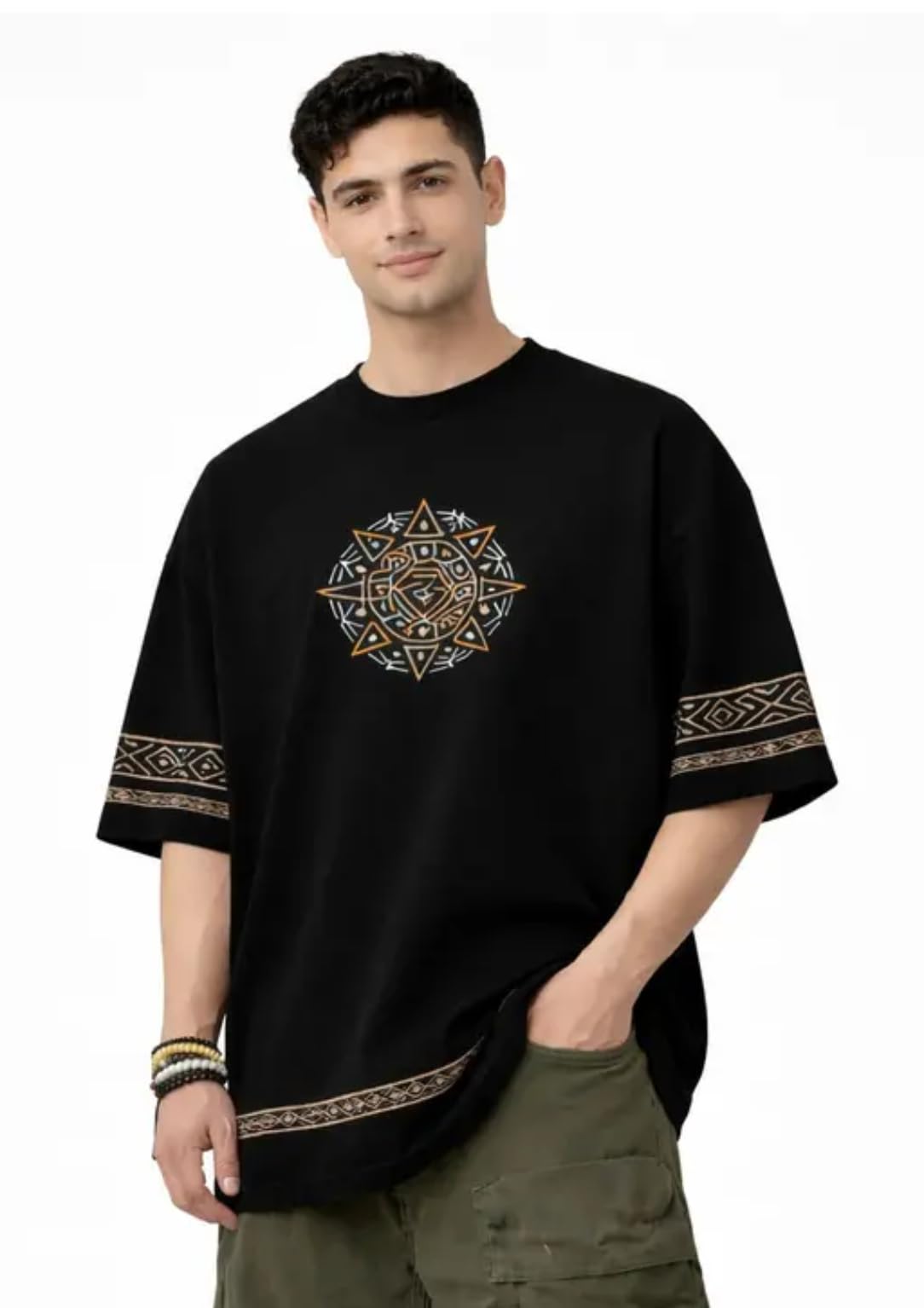 Men's Oversized Black Cotton T-Shirt, Tribal Graphic Print, Half Sleeve, Casual Style-picture-23