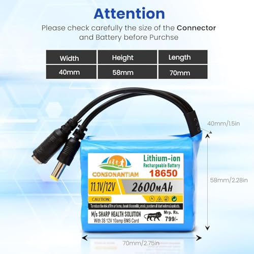 Image of 12V Li-ion Battery Pack 2600mAh 3S 18650 Rechargeable Lithium-ion Battery (11.1V-12.6V) for Power Banks IoT Devices Bluetooth Speakers Robotics & Industrial, Inbuilt 3S-10-A BMS Security.