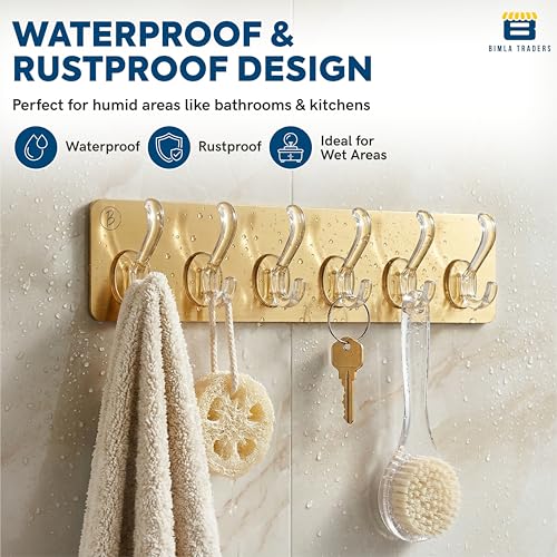Image of Waterproof Stick on Adhesive Wall Hooks 1 Set of 6 Pcs - Heavy Duty Hooks for Photo Frames, Wall Clocks, Keys, Hanging Robe |No Damage, Easy Installation |Smart Storage Solution | Gold