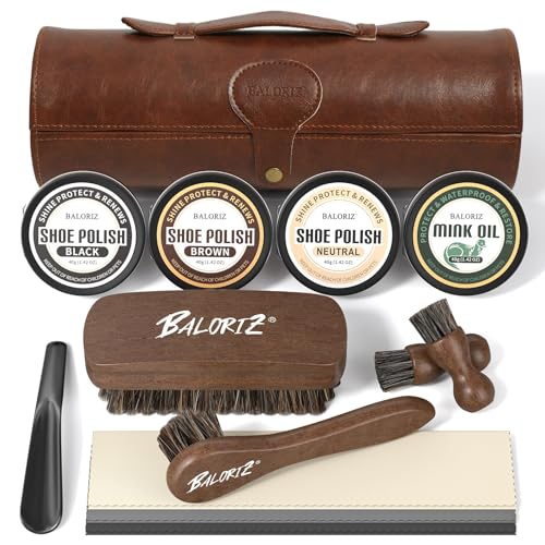 13Pcs Shoe Polish Kit, Shoe Shine Kit for Men & Women with Horsehair Shoe Polish Brush, Black Brown...