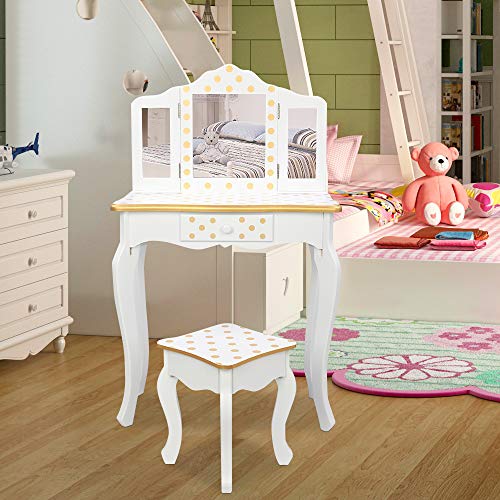 SSLine Kids Vanity Wooden Makeup Table and Chair Set for Girls Princess White/Gold Finish Dot Prints Child Vanity Desk Three-Fold Mirror Dresser with Drawer -Christmas Birthday Gift for Little Girls