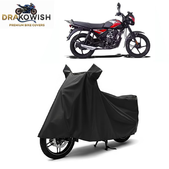 Image of DRAKOWISH Waterproof Bike Cover for Bajaj CT110 | All Weather Protection from Rain, Dust, Heat & Scratches with Mirror Pockets & Buckle Belt | CT 110 Bike Cover | Black