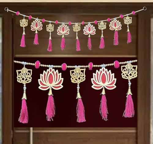 Image of iHandikart Decorative Toran for Door, Handmade Lotus Bandhanwar with Pink Tassels & Beads, Traditional Indian Door Hanging for Diwali, Wedding & Home Decoration Size (40 Inch)