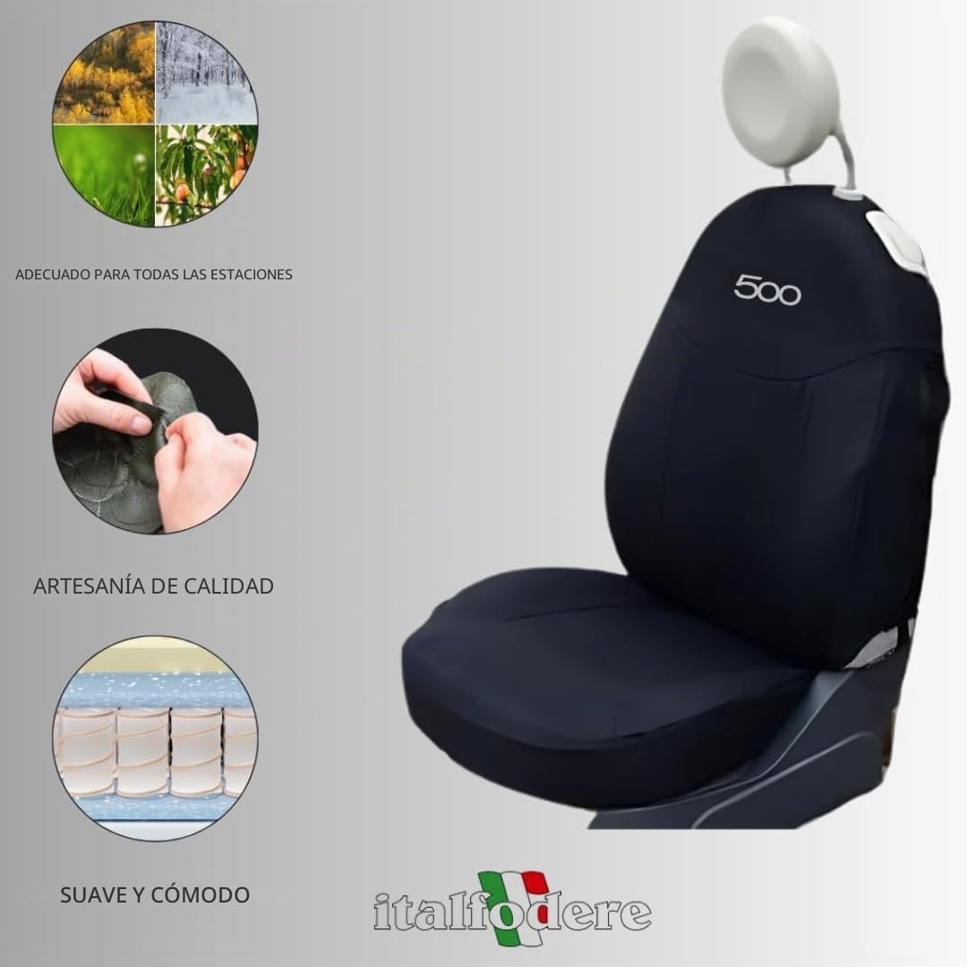 Italfodere - Fundas para Asientos de Coche Delanteros y Traseros - Compatibles con Fiat 500 - Hechas a Mano - Algodón - Espuma de Goma - Poliéster - Accesorios para Interior de Coche - Fabricado en