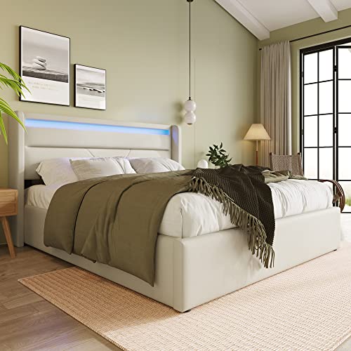 Moimhear Cama de almacenamiento hidráulico con tira de iluminación LED, marco de cama doble, cama tapizada funcional (blanco, 160 x 200 cm)