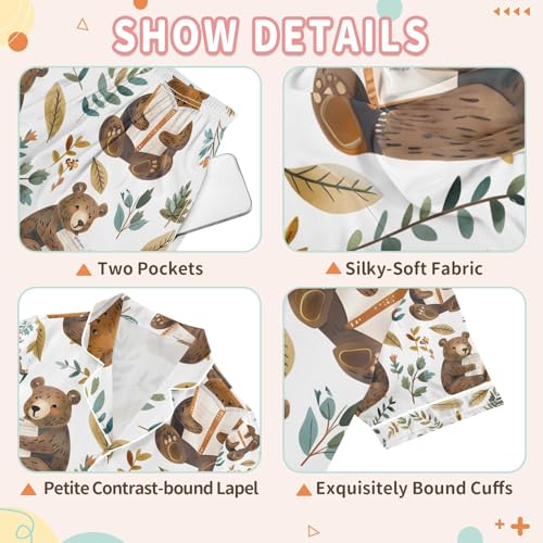 senya Cute Bears Read Books Satin Summer Pajama Sets Silk Short Sleeve Button Down Sleepwear3