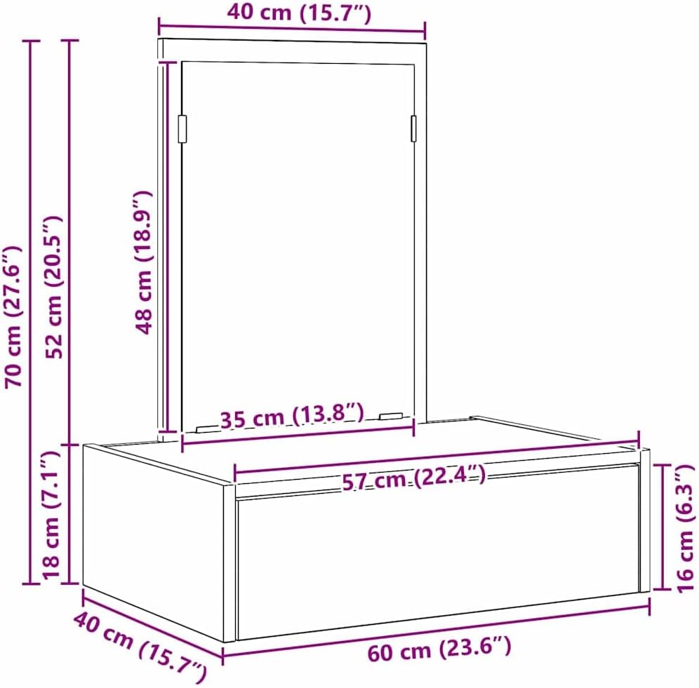 Diagram showing dimensions of the dressing table and mirror in centimeters and inches