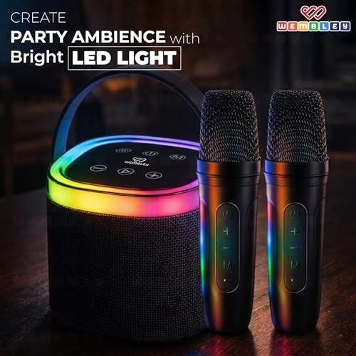 Image of Wembley Karaoke Speaker with 2 Mic Wireless | 5 Voice Modes Mic with Portable Bluetooth Speaker | Splashproof Long Playtime 360 Surround Sound with RGB Lights | Ideal Gift Karaoke System for Home