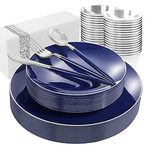 KIRE 175Pcs Blue Plastic Plates with Silver Rim & Disposable Silver Plastic Silverware with Blue Handle & Silver Rim Cups & Hand Napkin- Blue Plastic Dinnerware for 4th of July