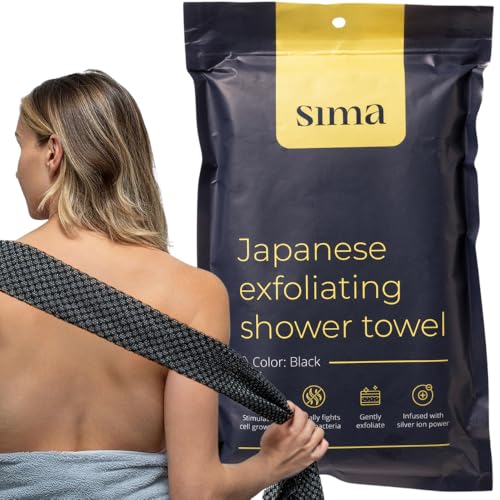 Exfoliating Washcloth Face & Body Scrub Towel - Japanese Exfoliating Towel with Hexagon Fibers, Body Scrubber with 2 Sides for Scrubbing & Washing, Extra Long Body Towel (Black)