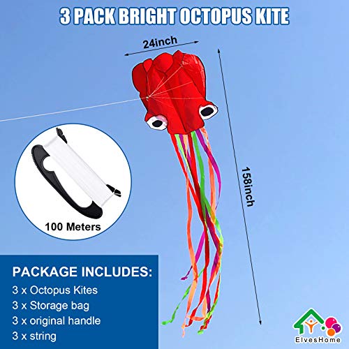 Kites For Kids Easy To Fly, 3 Pack Octopus Kites For Adults Easy To Fly, Kites For Kids Ages 4-8, Kite For Girls, Large Kite For Boys, Beach Kites Toy Kites With Kite String Tail, 3D Giant Kite Runner #TOP5
