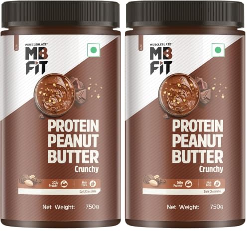 Image of MuscleBlaze High Protein Peanut Butter With Pea Protein & Whey Protein Concentrate, Crunchy, 203 G Protein, Dark Chocolate Spread, 750 Gram (Pack of 2)