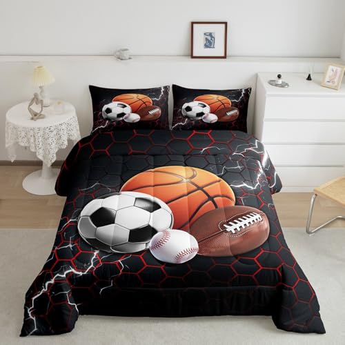 Feelyou Basketball Comforter Set Full Size Rugby Sports Comforter for Boys Girls Teens Football Bedding Set Baseball Duvet Set Room Decor Balck Red Mixed Ball Quilt Set