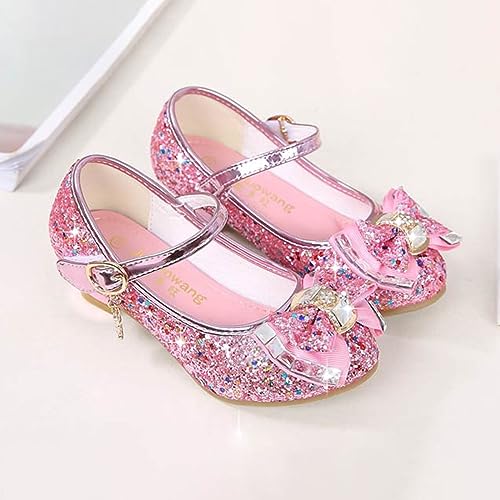 Yoawdats Girls Toddler Dress Shoes Sparkly Ruby Bowkno Flowert Wedding Party Bridesmaids Low Heel Princess Shoes for Kids (Pink, 18.7 cm)2