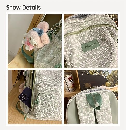 JHTPSLR Preppy Backpack with Plushies Cute Love Hearts Aesthetic Backpack Double Zipper Large Book Bags Waterproof Laptop Backpack (Blue)2