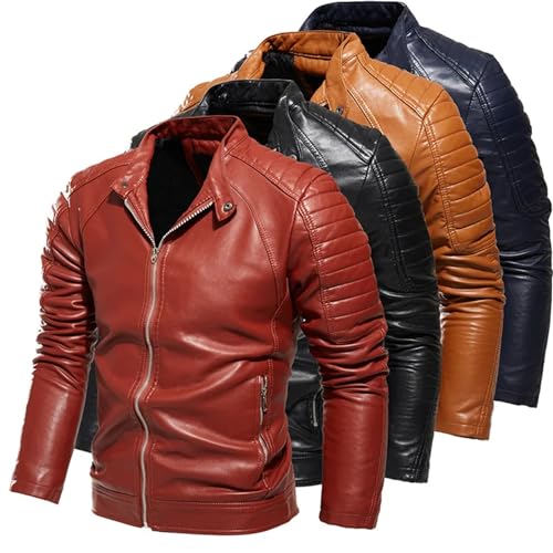Men Motorcycle Sports Zipper Turn-Down Collar Coat Slim Fit Leather Jacket2
