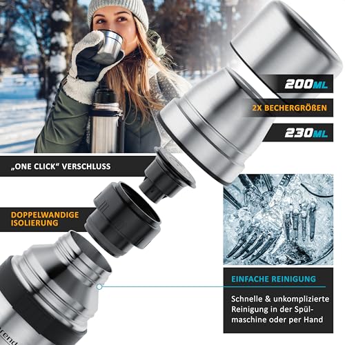 Arendo - Thermoskanne 1l Edelstahl – mit 2 Becher - Thermosflasche doppelwandig - 1000ml - One Click Verschluss - auslaufsicher – abnehmbarer Deckel – BPA frei – Kohlensäurefest - silber