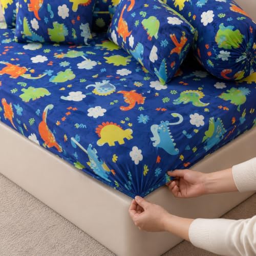 Image of Filymore Blue Dinosaur Kids Fitted Diwan Set 8 Pieces - Microfiber Diwan Bedsheet Set with 5 Cushion Covers & 2 Bolster Covers | Soft Cartoon Dinosaur Print Diwan Cover Set for Kids Room