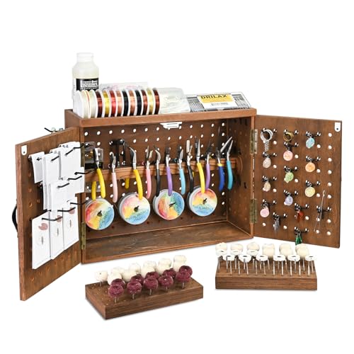 Image of Ikee Design 40Hooks Bur Holders Wood Jewelry Craft Pegboard Tool Organizer | JEWELRY TOOL STORAGE: Wooden pegboard cabinet includes doors, 40 hooks and bur holders for wall or tabletop use.