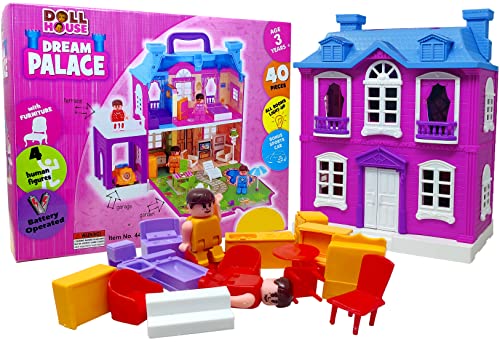 Image of Miniature Mart Battery Operated Doll House Toys for Girls with Furniture Set & Human Figures 40 Pc Set All Room Lighting Up Lights + 1 Small Size Car with Parking Space | Gift for Girls