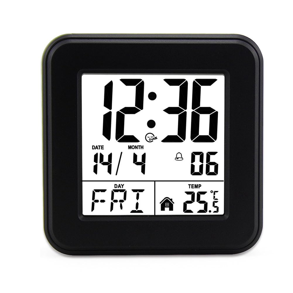 Surluoen Black Calendar Alarm Clock,Bedside Voice-Activated Clock With Backlight,Clock For The Elderly With Temperature