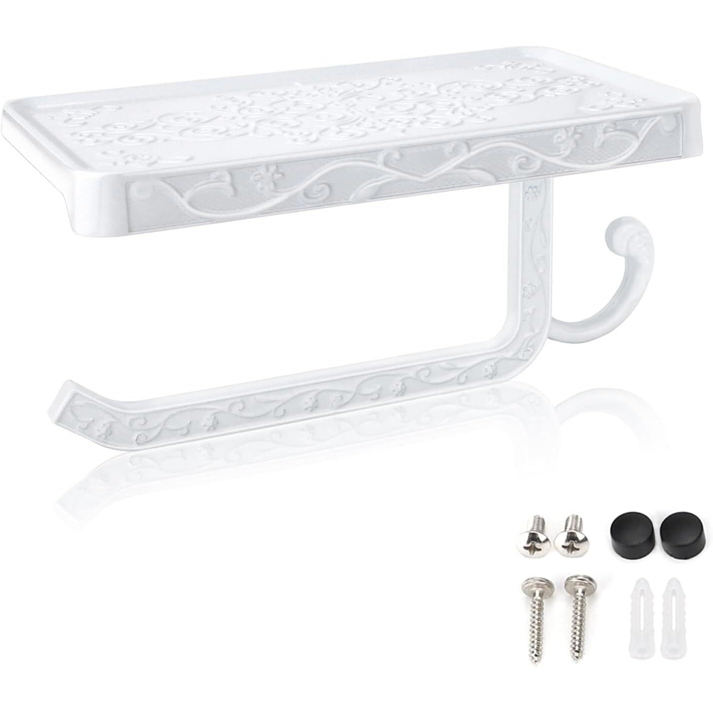 Vintage Toilet Paper Holder Wall Mount Toilet Roll Holder with Shelf and Hook Bronze Antique Bathroom Accessories Toilet Tissue Roll Holder Hanger Aluminum Material (White) - Image 2