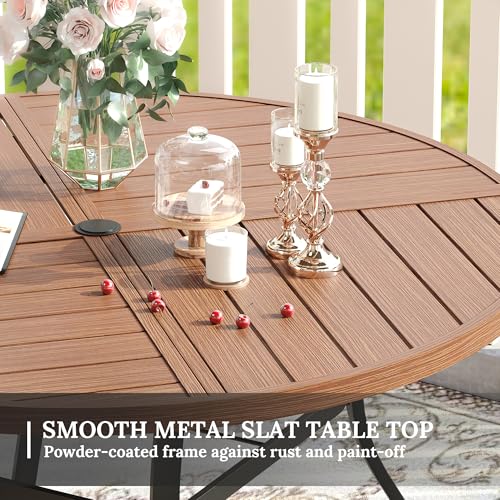 Image of VICLLAX Round Patio Table with Adjustable Umbrella Hole for 6, All Weather Metal Outdoor Dining Table for Lawn Garden, 50 inch Outdoor Coffee Table, Walnut Wood-Like Tabletop